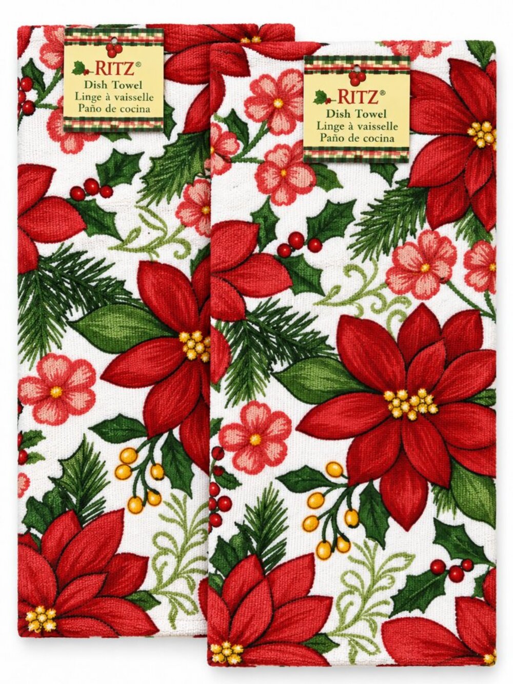 Christmas Ritz Poinsettia Dish Towels Holiday Reverses To Terry Cloth Set of 2